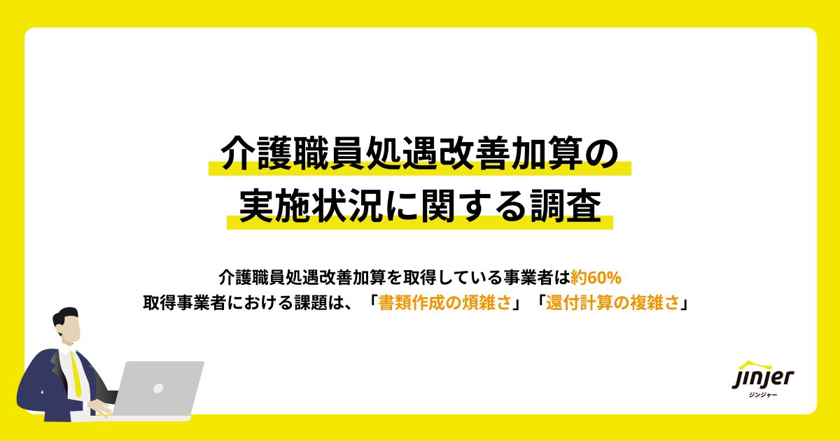 【介護職員処遇改善加算の実施状況に関する調査】介護職員処遇改善加算を取得している事業者は約60% 取得事業者における課題は、「書類作成の煩雑さ」「還付計算の複雑さ」