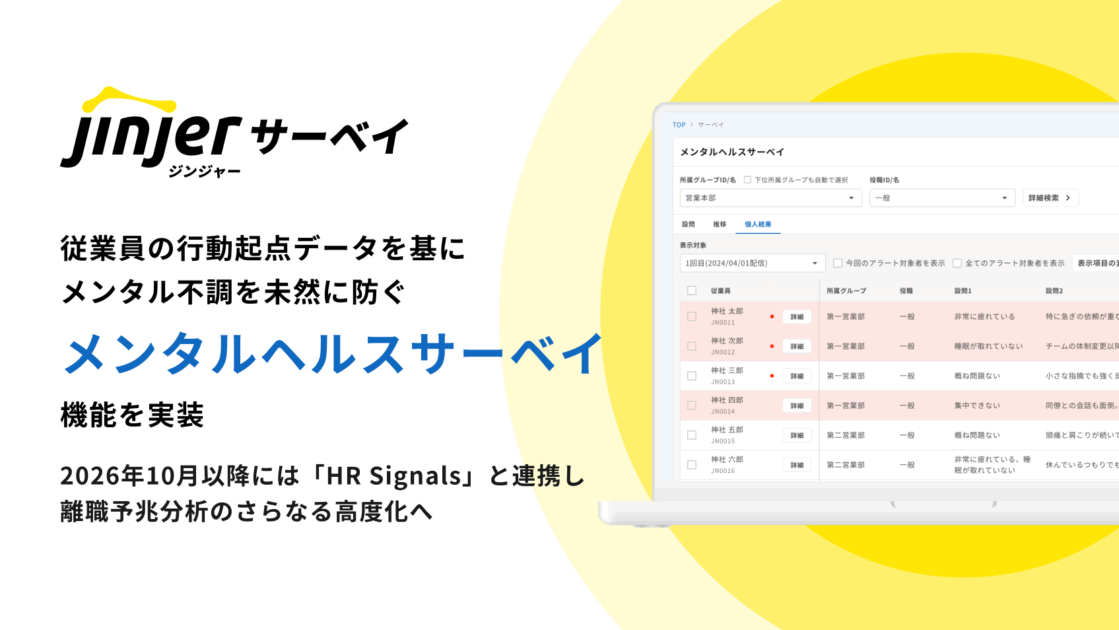 jinjer、従業員の行動起点データ（行動・身体・心理）を基にメンタル不調を未然に防ぐ 「メンタルヘルスサーベイ機能」を実装